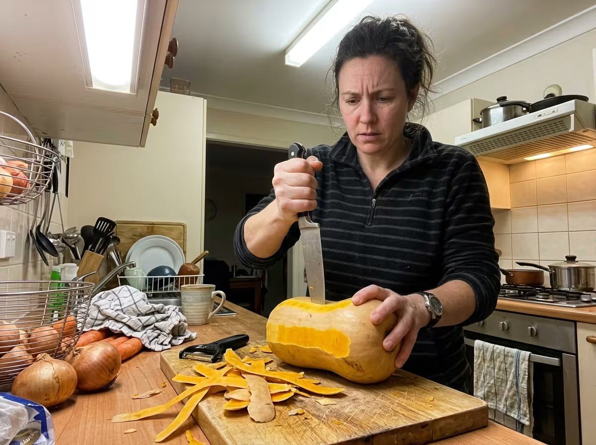 Femme hésitante avant d'éplucher une courge avec un grand couteau